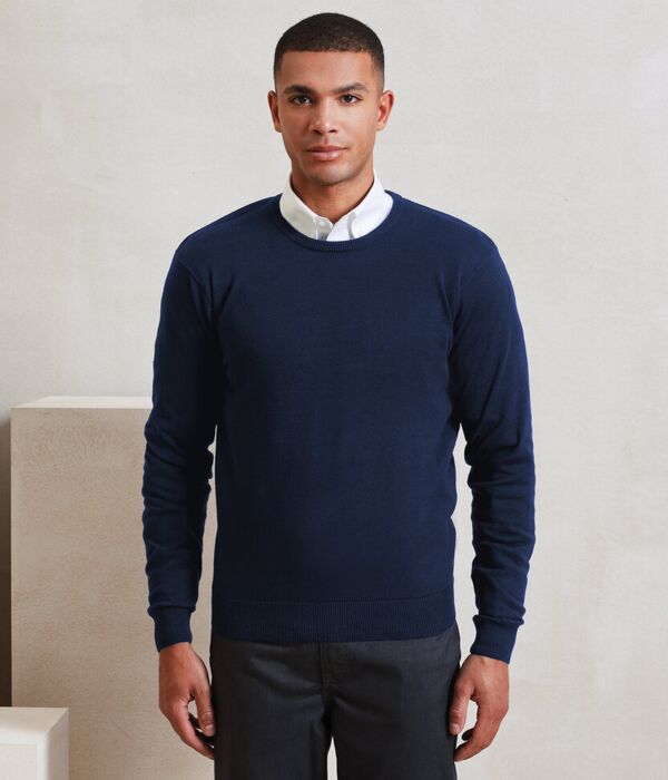 Crew neck cotton-rich knitted sweater Thumbnail